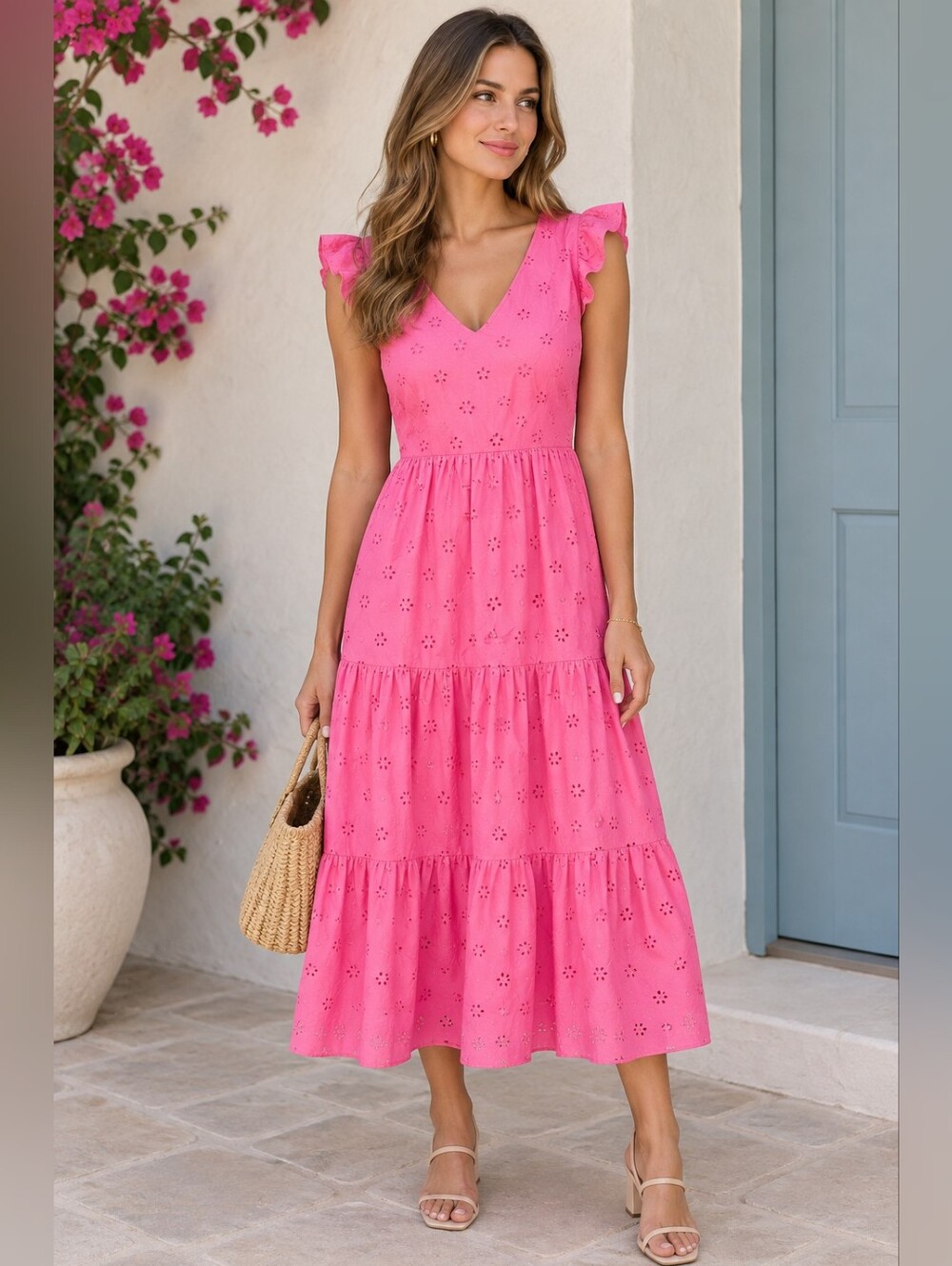 J. Crew Bright Pink Eyelet Tiered Maxi Dress Size 2, 100% Cotton